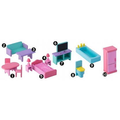 Casuta din lemn pentru papusi cu 3 etaje, mobilier si terasa Ricokids 7830 - Roz