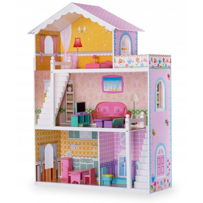 Casuta din lemn pentru papusi cu 3 etaje, mobilier si terasa Ricokids 7830 - Roz