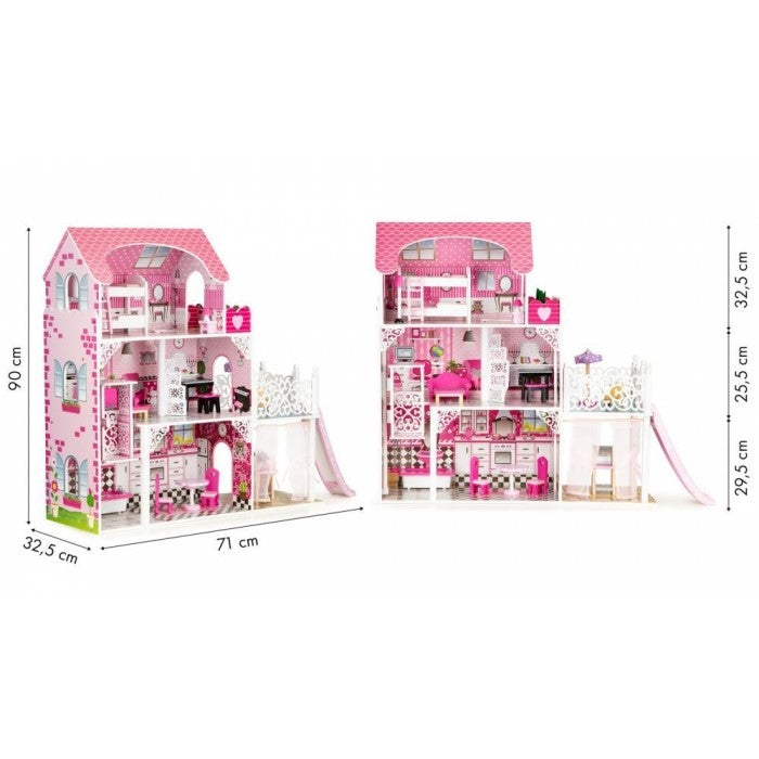 Casuta de papusi din lemn XXL cu lift si tobogan Ecotoys TL49059