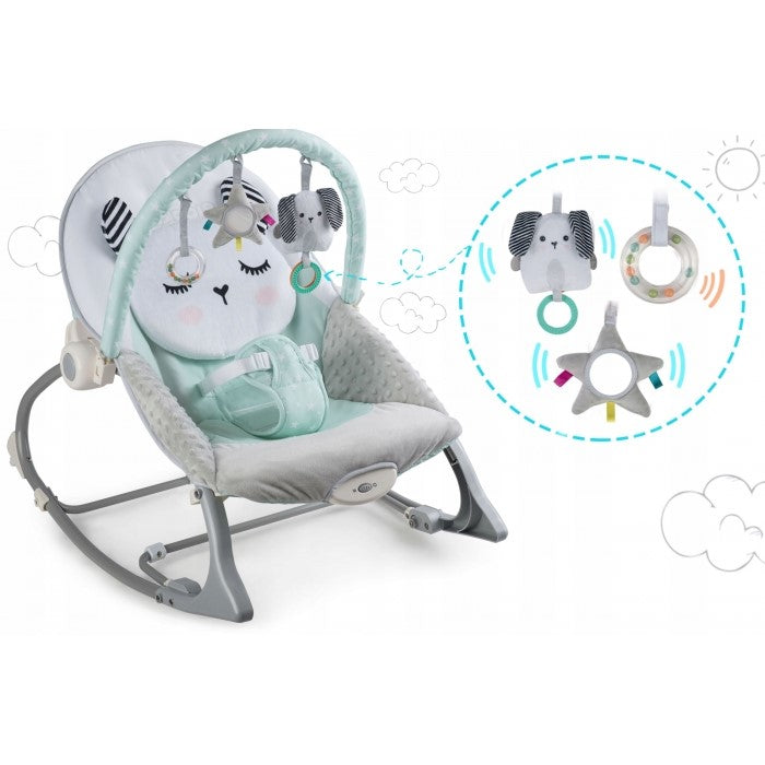 Balansoar multifunctional cu vibratii, panda, 3 jucarii, Ricokids 7324, Turcoaz