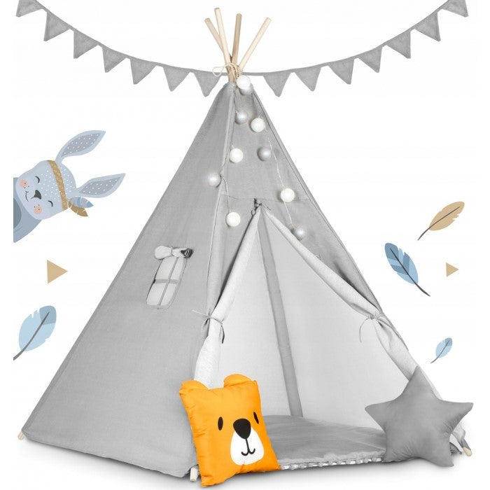 Cort De Joaca Pentru Copii Cu ghirlanda, Lumini, covoras si 2 pernite Ricokids 120 X 120 X 165 Cm - Gri