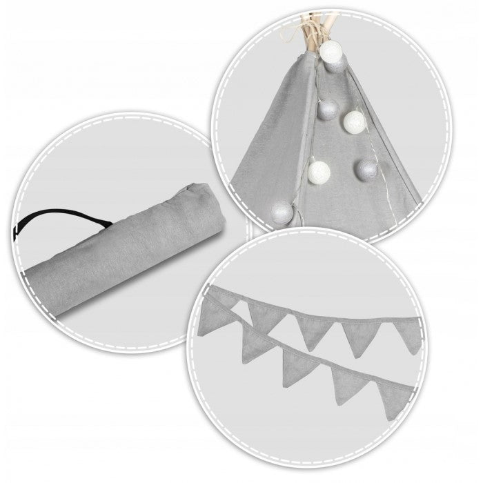 Cort De Joaca Pentru Copii Cu ghirlanda, Lumini, covoras si 2 pernite Ricokids 120 X 120 X 165 Cm - Gri