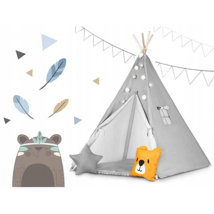 Cort De Joaca Pentru Copii Cu ghirlanda, Lumini, covoras si 2 pernite Ricokids 120 X 120 X 165 Cm - Gri