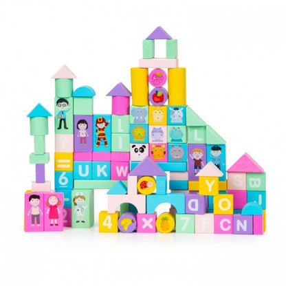 Set educational cu blocuri din lemn colorate, 100 piese, Ecotoys SR19002