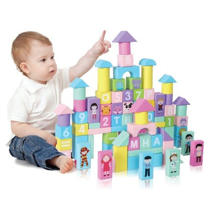 Set educational cu blocuri din lemn colorate, 100 piese, Ecotoys SR19002