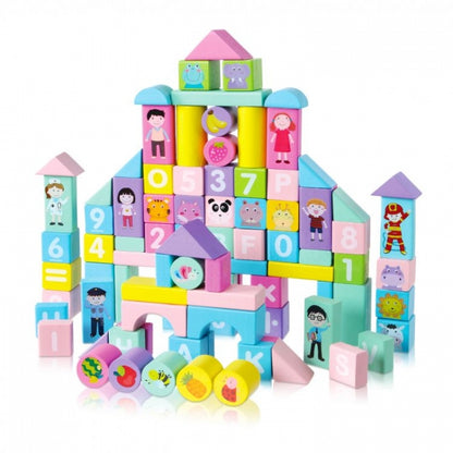 Set educational cu blocuri din lemn colorate, 100 piese, Ecotoys SR19002