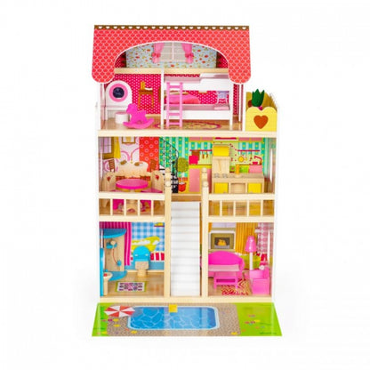 Casuta de papusi inalta din lemn cu mobilier si piscina, Ecotoys W06A333E