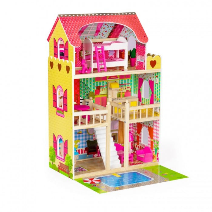 Casuta de papusi inalta din lemn cu mobilier si piscina, Ecotoys W06A333E