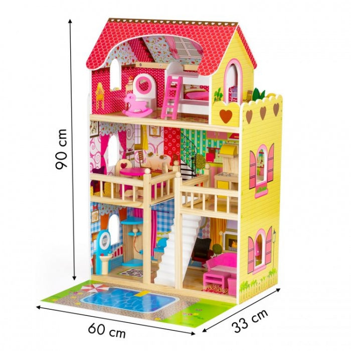 Casuta de papusi inalta din lemn cu mobilier si piscina, Ecotoys W06A333E
