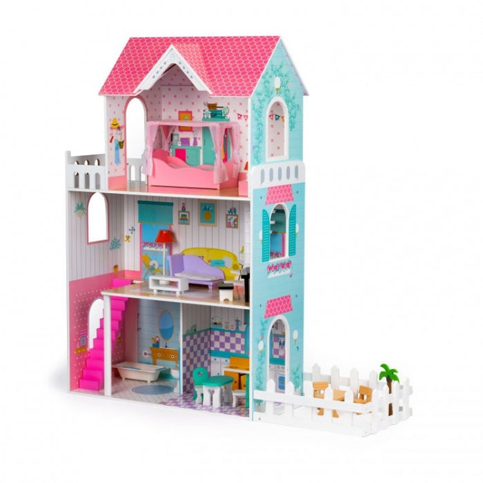 Casuta de papusi inalta din lemn cu mobilier si gradina, Ecotoys W06A379