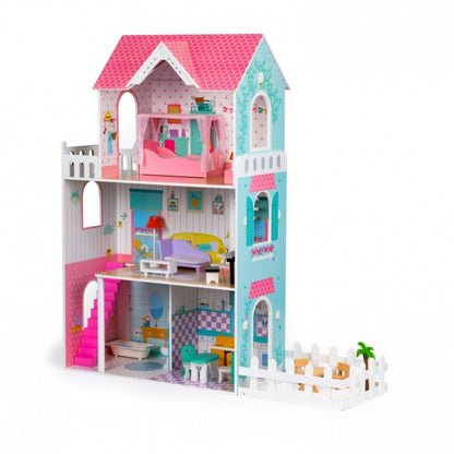 Casuta de papusi inalta din lemn cu mobilier si gradina, Ecotoys W06A379
