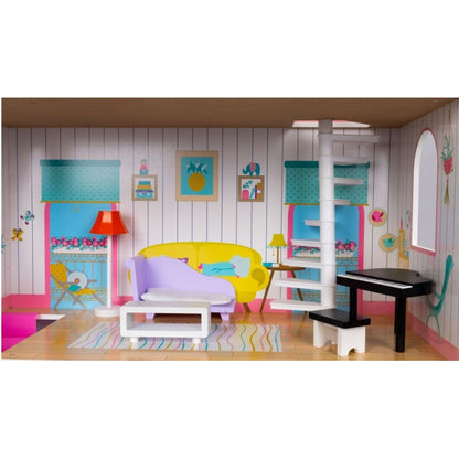 Casuta de papusi inalta din lemn cu mobilier si gradina, Ecotoys W06A379