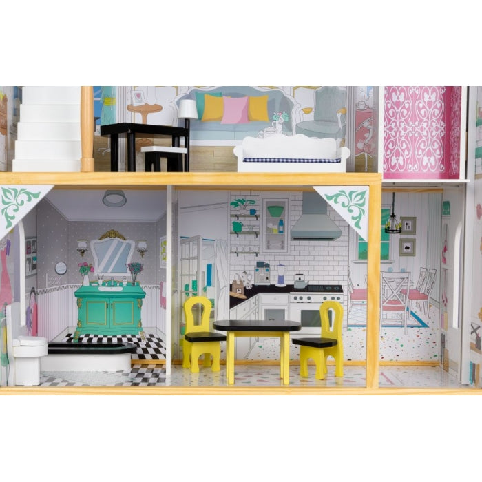 Casuta de papusi inalta din lemn cu mobilier si lift, Ecotoys W06A400