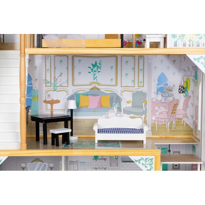 Casuta de papusi inalta din lemn cu mobilier si lift, Ecotoys W06A400