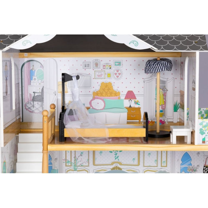 Casuta de papusi inalta din lemn cu mobilier si lift, Ecotoys W06A400