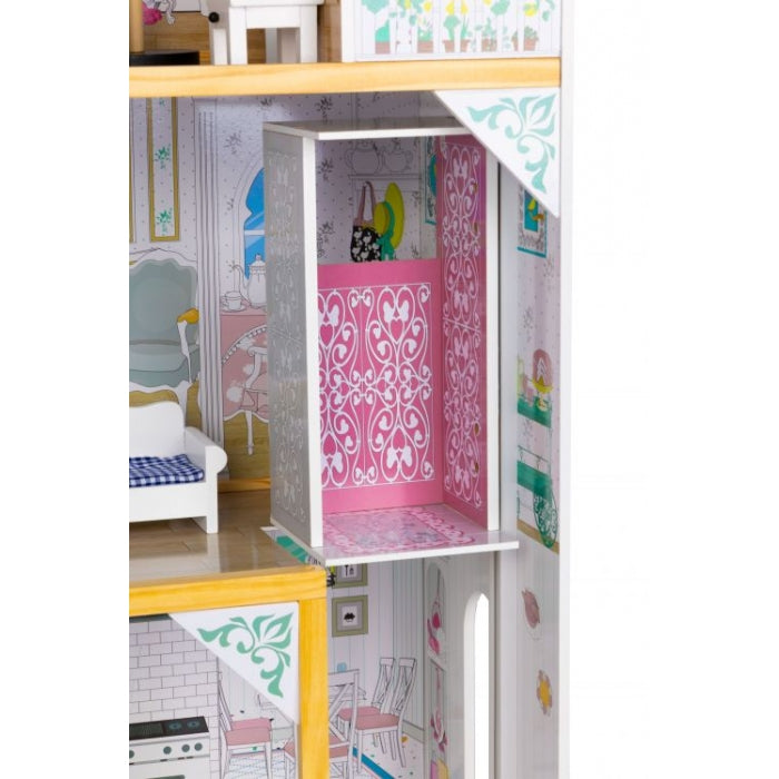 Casuta de papusi inalta din lemn cu mobilier si lift, Ecotoys W06A400