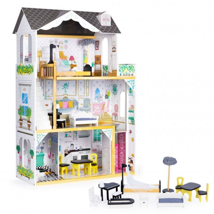 Casuta de papusi inalta din lemn cu mobilier si lift, Ecotoys W06A400