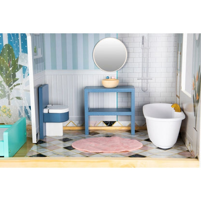 Casuta de papusi XXL din lemn cu mobilier, terasa, catel si leagan, casuta lui Maya, Ecotoys 8101