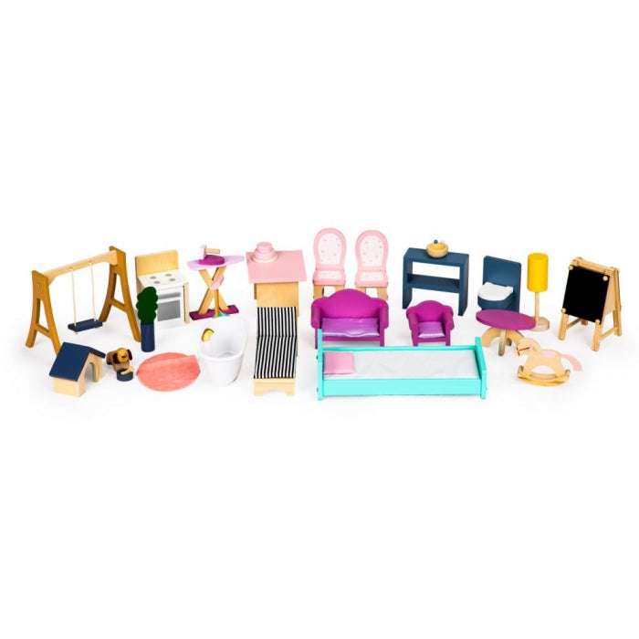 Casuta de papusi XXL din lemn cu mobilier, terasa, catel si leagan, casuta lui Maya, Ecotoys 8101