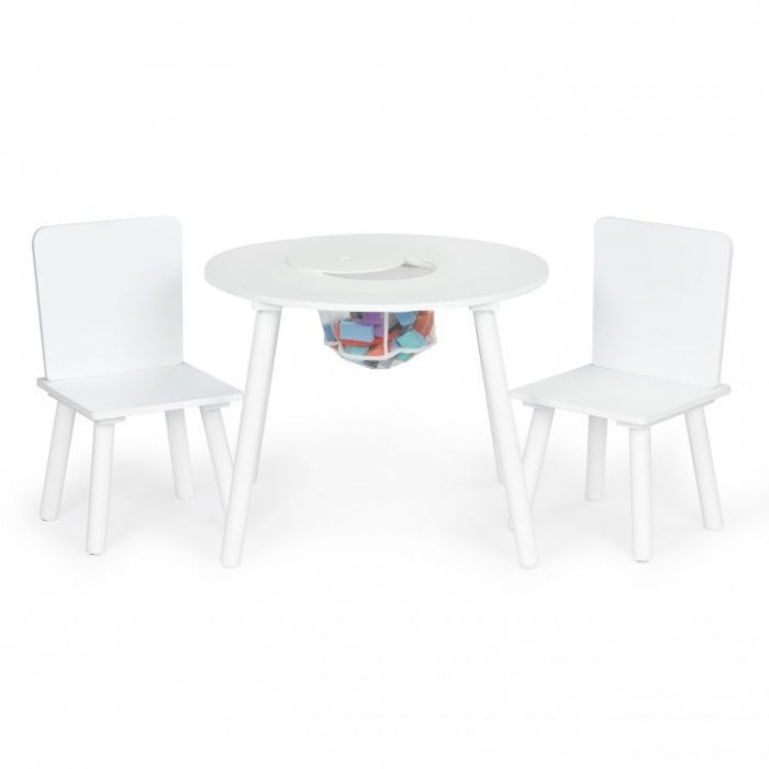 Set de masa cu doua scaune pentru copii si loc de depozitare jucarii Ecotoys WH135 - Alb
