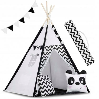 Cort de joaca pentru copii cu ghirlanda,lumini si 2 pernite Ricokids 740005, 120 X 120 X 165 cm - Panda - Resigilat