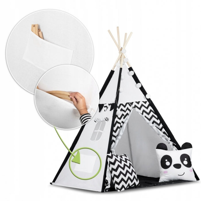 Cort de joaca pentru copii cu ghirlanda,lumini si 2 pernite Ricokids 740005, 120 X 120 X 165 cm - Panda