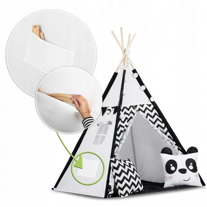 Cort de joaca pentru copii cu ghirlanda,lumini si 2 pernite Ricokids 740005, 120 X 120 X 165 cm - Panda - Resigilat