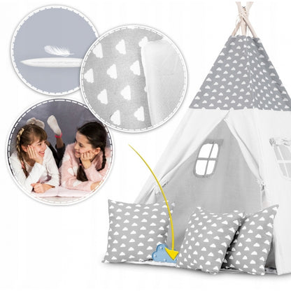 Cort de joaca pentru copii cu ghirlanda, 3 pernite si lampa LED norisor, Ricokids 740401, 120 X 120 X 165 cm - Gri