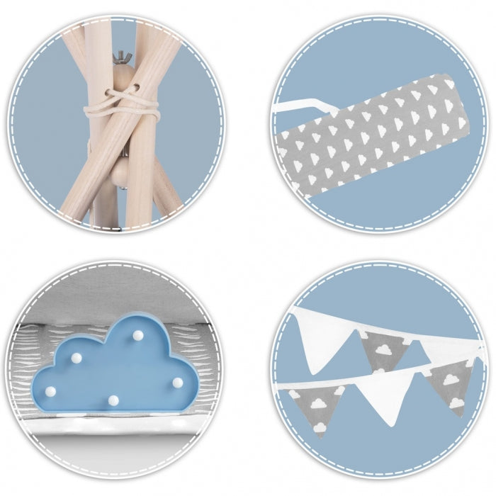 Cort de joaca pentru copii cu ghirlanda, 3 pernite si lampa LED norisor, Ricokids 740401, 120 X 120 X 165 cm - Gri