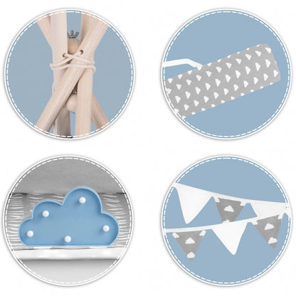 Cort de joaca pentru copii cu ghirlanda, 3 pernite si lampa LED norisor, Ricokids 740401, 120 X 120 X 165 cm - Gri