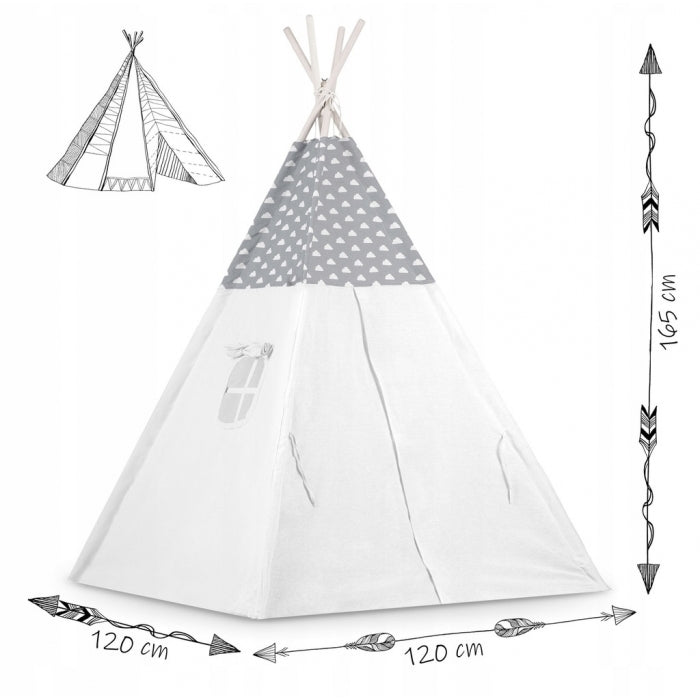 Cort de joaca pentru copii cu ghirlanda, 3 pernite si lampa LED norisor, Ricokids 740401, 120 X 120 X 165 cm - Gri