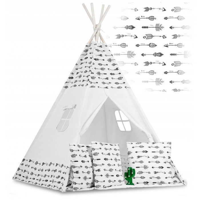 Cort de joaca pentru copii cu ghirlanda, 3 pernite si lampa LED cactus, Ricokids 740402, 120 X 120 X 165 cm - Alb