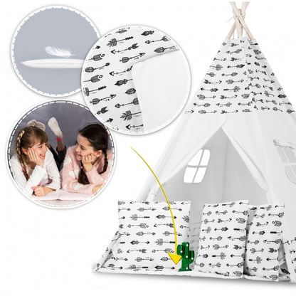 Cort de joaca pentru copii cu ghirlanda, 3 pernite si lampa LED cactus, Ricokids 740402, 120 X 120 X 165 cm - Alb