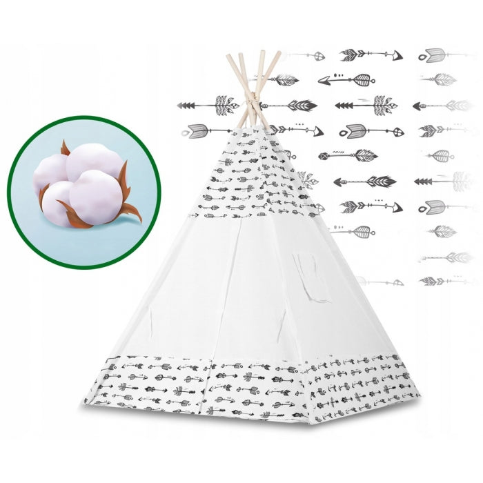 Cort de joaca pentru copii cu ghirlanda, 3 pernite si lampa LED cactus, Ricokids 740402, 120 X 120 X 165 cm - Alb