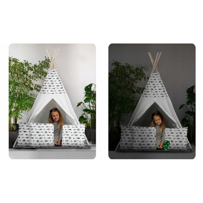 Cort de joaca pentru copii cu ghirlanda, 3 pernite si lampa LED cactus, Ricokids 740402, 120 X 120 X 165 cm - Alb