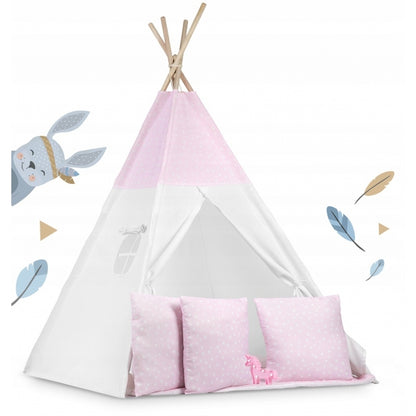 Cort de joaca pentru copii cu ghirlanda, 3 pernite si lampa LED unicorn, Ricokids 740403, 120 X 120 X 165 cm - Roz