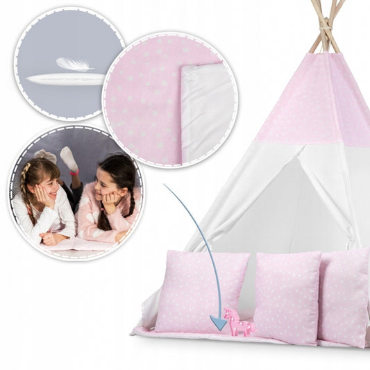 Cort de joaca pentru copii cu ghirlanda, 3 pernite si lampa LED unicorn, Ricokids 740403, 120 X 120 X 165 cm - Roz