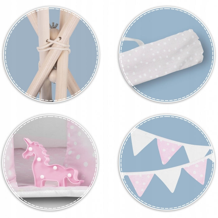 Cort de joaca pentru copii cu ghirlanda, 3 pernite si lampa LED unicorn, Ricokids 740403, 120 X 120 X 165 cm - Roz