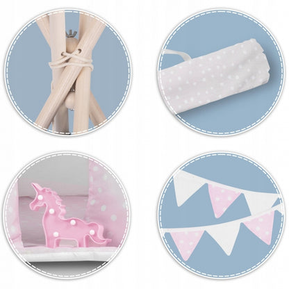 Cort de joaca pentru copii cu ghirlanda, 3 pernite si lampa LED unicorn, Ricokids 740403, 120 X 120 X 165 cm - Roz