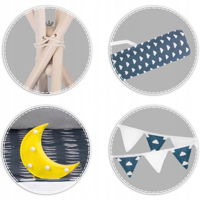 Cort de joaca pentru copii cu ghirlanda, 3 pernite si lampa LED luna, Ricokids 740404, 120 X 120 X 165 cm - Bleumarin