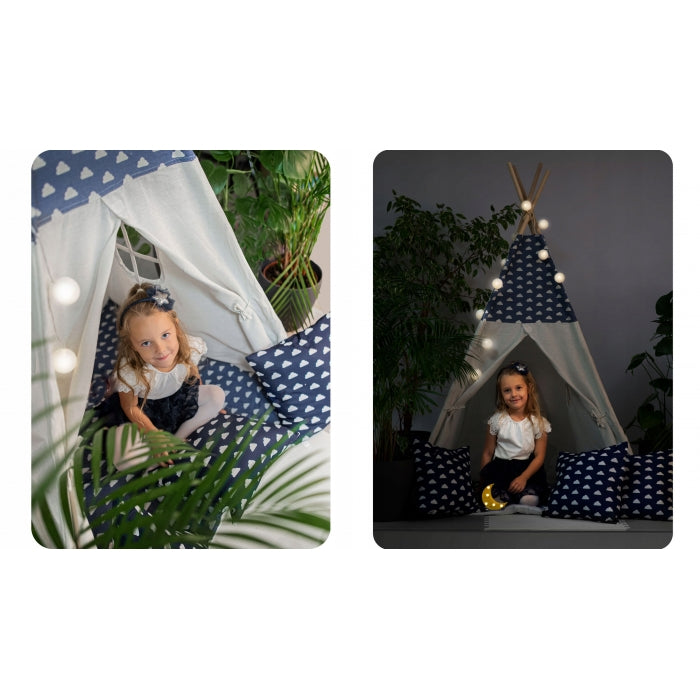 Cort de joaca pentru copii cu ghirlanda, 3 pernite si lampa LED luna, Ricokids 740404, 120 X 120 X 165 cm - Bleumarin
