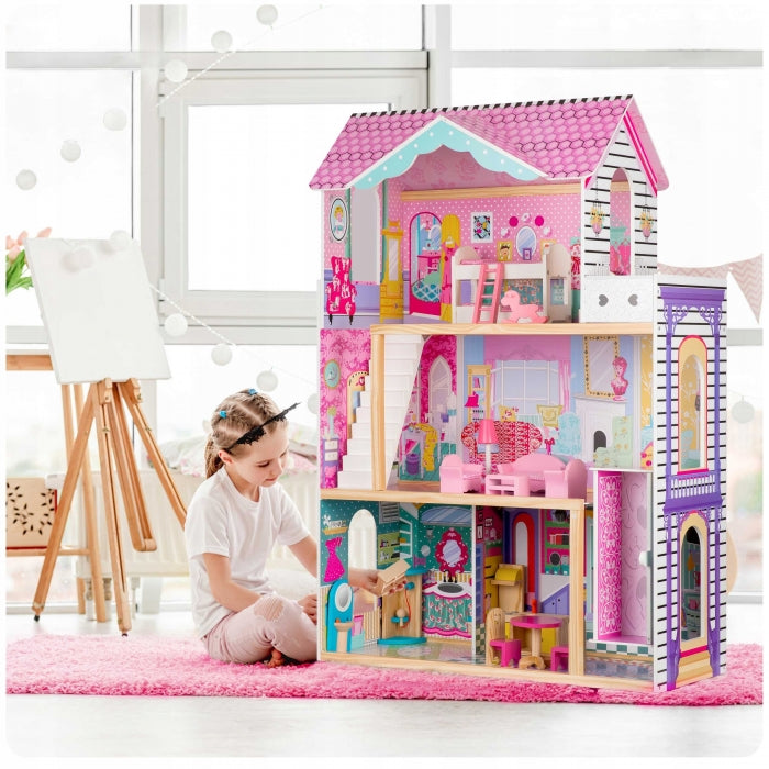 Casuta de papusi din lemn cu 3 etaje, lift si lampa LED Ricokids RC-829