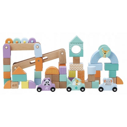 Set blocuri din lemn cu animalute si masini, 60 de bucati, Sun Baby 064