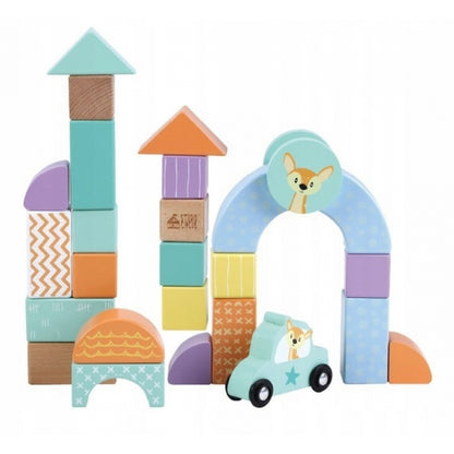 Set blocuri din lemn cu animalute si masini, 60 de bucati, Sun Baby 064