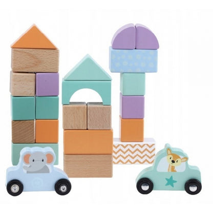Set blocuri din lemn cu animalute si masini, 60 de bucati, Sun Baby 064