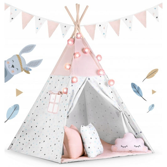 Cort de joaca pentru copii cu ghirlanda, lumini si 3 pernite Nukido 120 x 120 x 165 cm - Roz