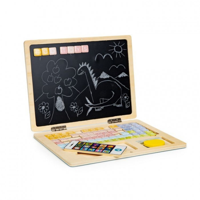 Laptop educational din lemn cu magnet si taste din lemn Ecotoys G068 - Alb