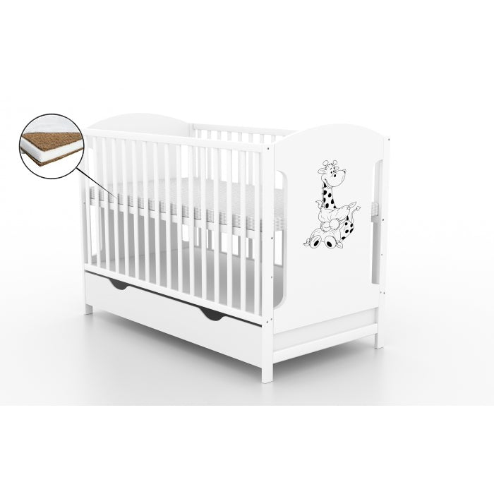Patut cu sertar VESSANTI MILO GIRAFA - Alb + Saltea Cocos 10 cm