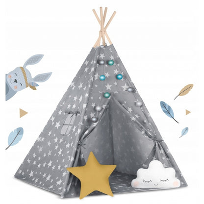Cort de joaca pentru copii cu lumini si 2 pernite Nukido 120 x 120 x 165 cm - Gri cu stelute 