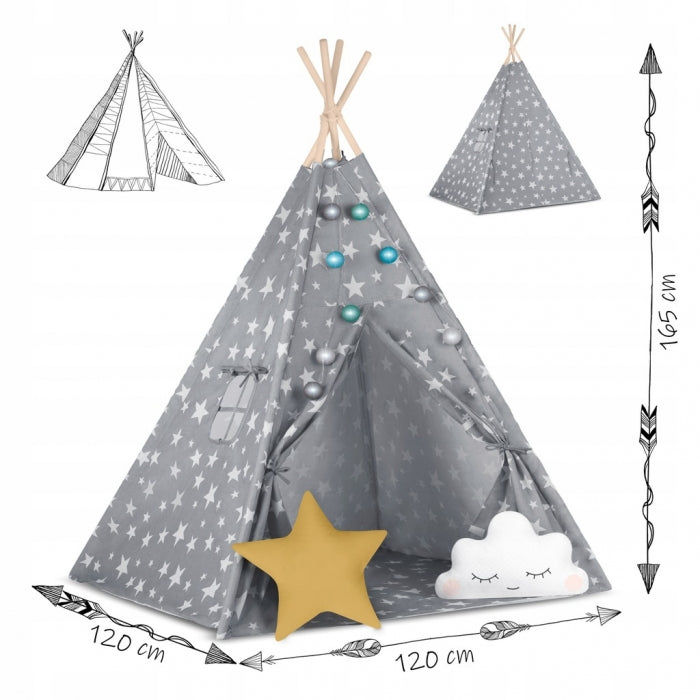 Cort de joaca pentru copii cu lumini si 2 pernite Nukido 120 x 120 x 165 cm - Gri cu stelute 